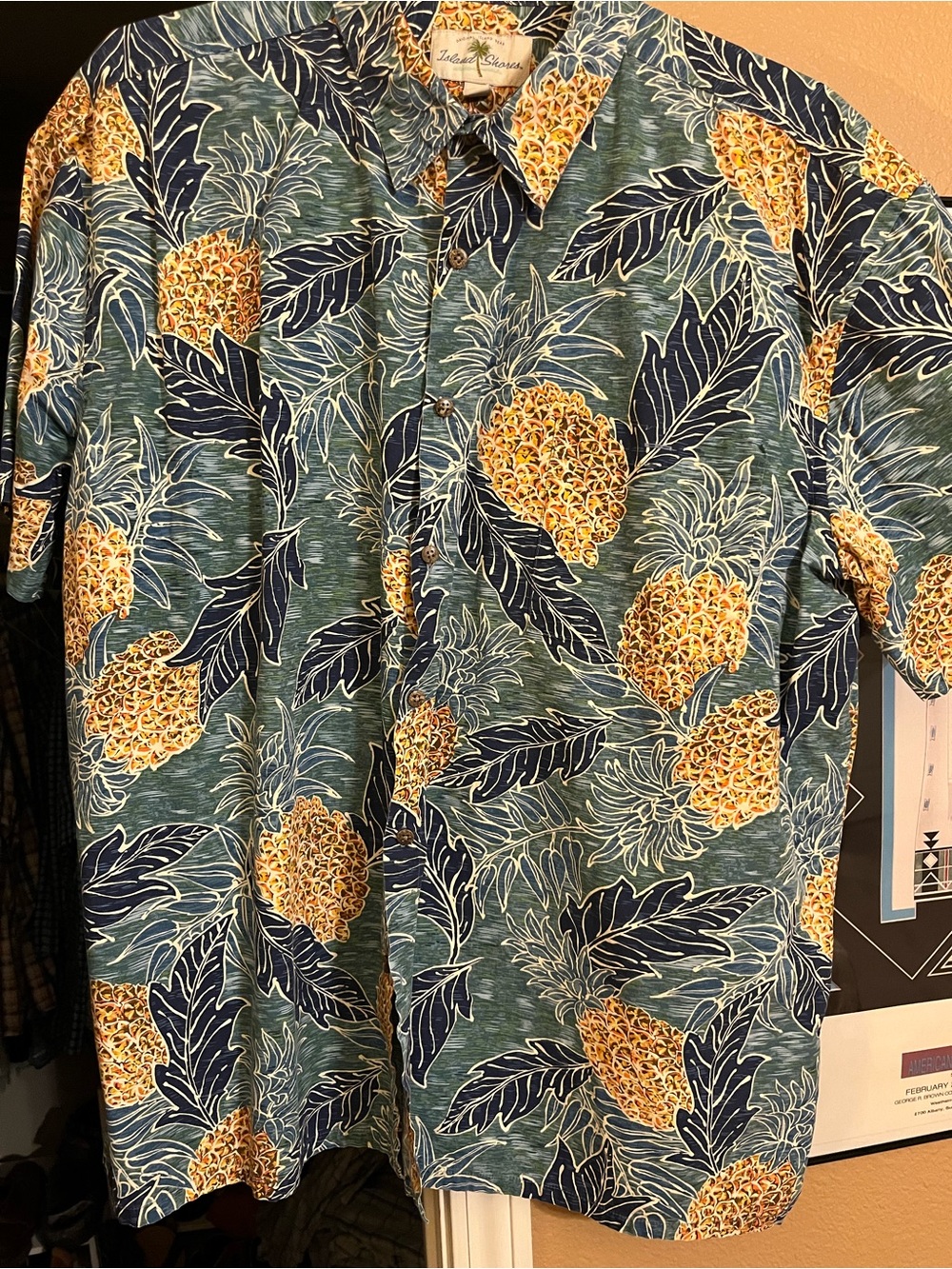 Island Shores XXL Pineapple Print Short-Sleeve Shirt- Blue/Yellow